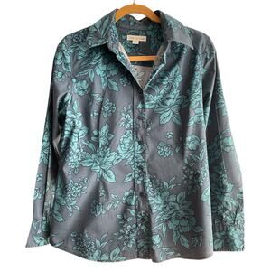 Coldwater Creek Women's Size M Blue with Flowers Longsleeve Blouse